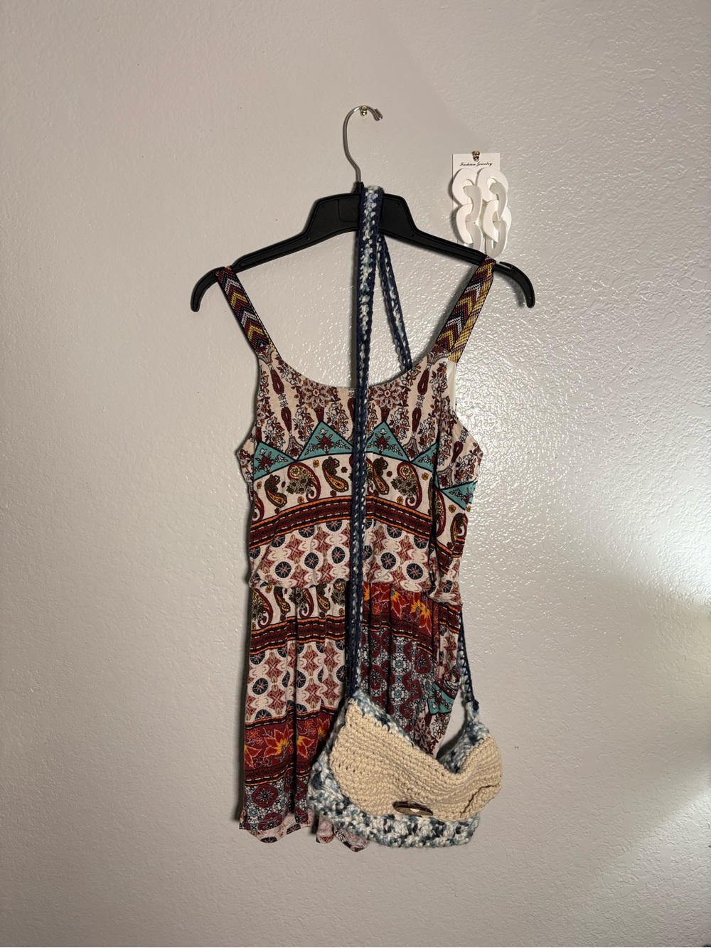 3 Piece outfit Bohemian Print Sleeveless+Crochet Crossbody Purse + Earrings